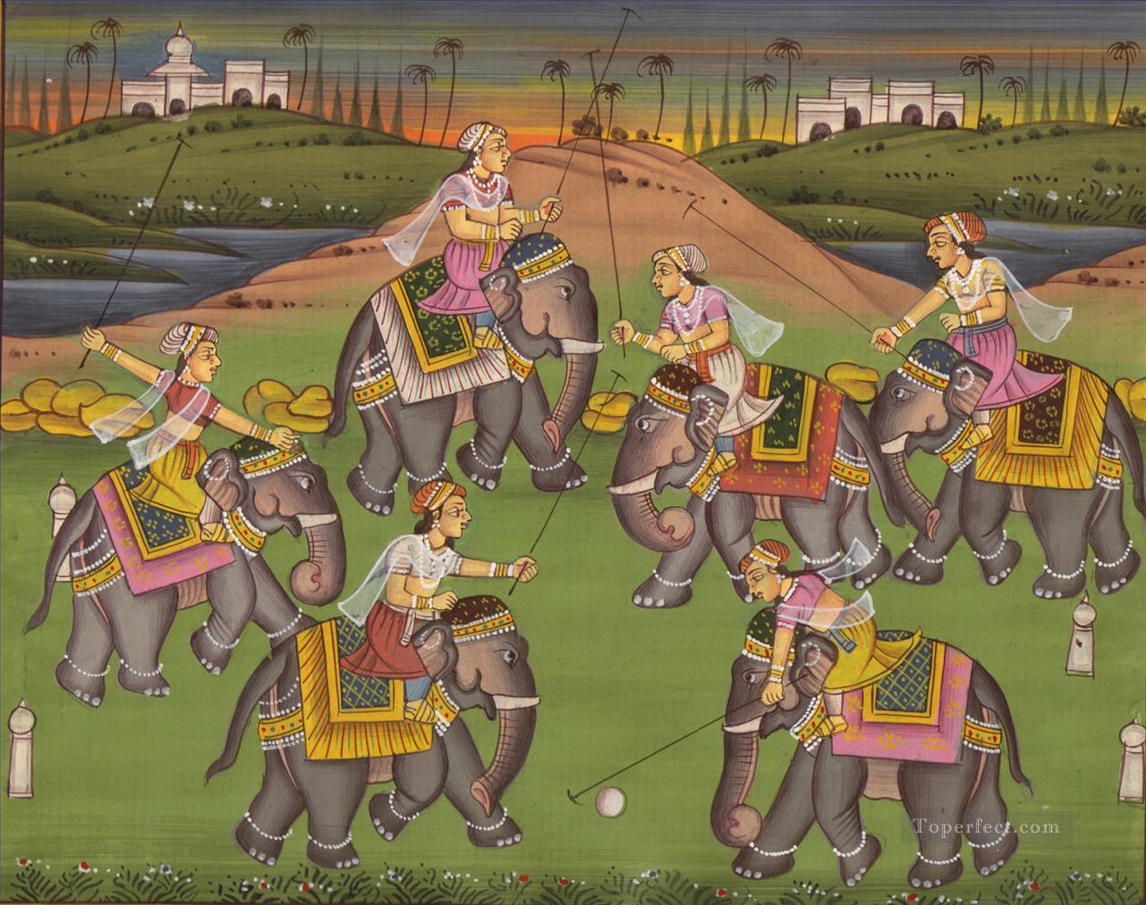 Indian women on elephant playing ball Oil Paintings